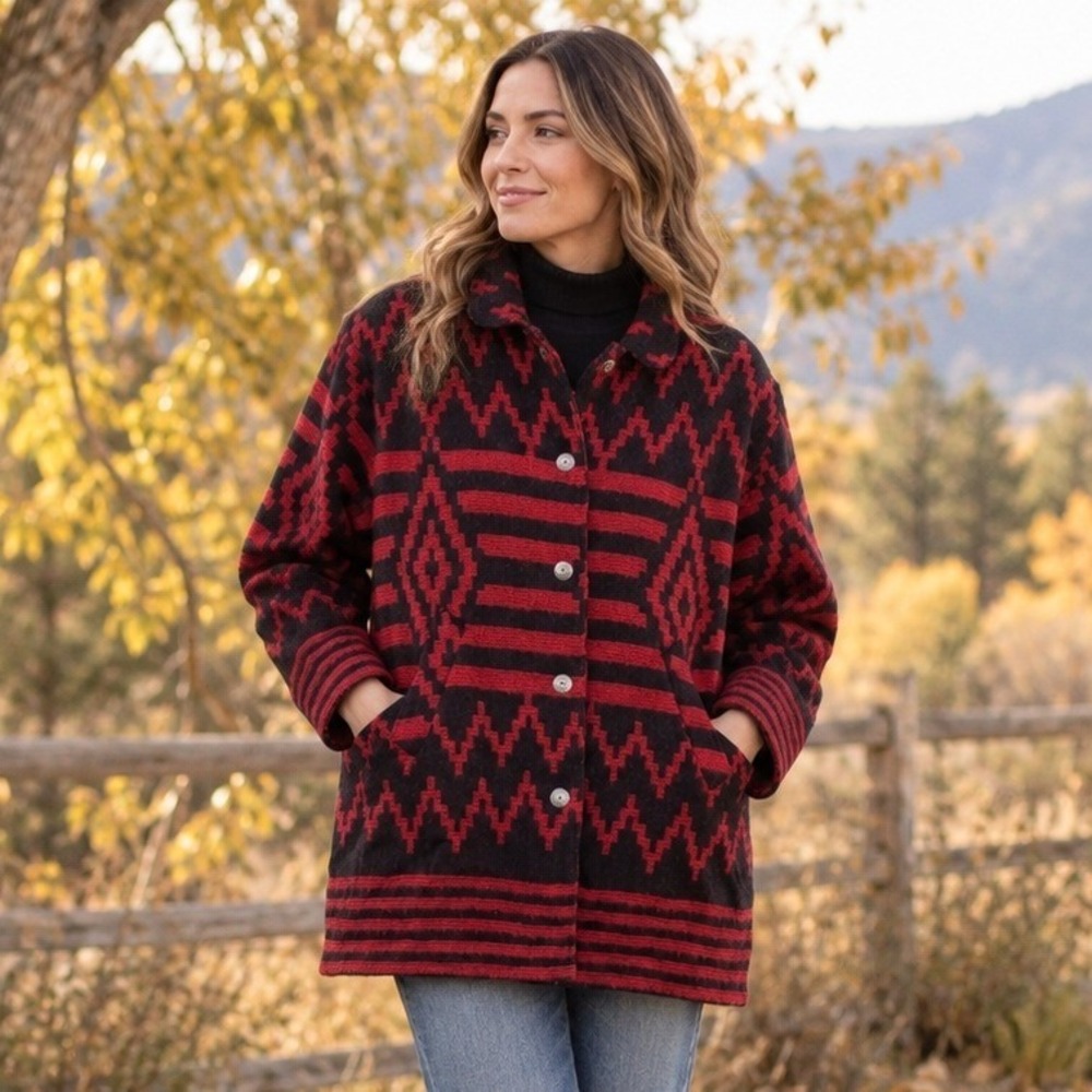 Woolrich Womens Wool Blanket Coat XL Red Black Aztec Southwestern USA Made Vtg